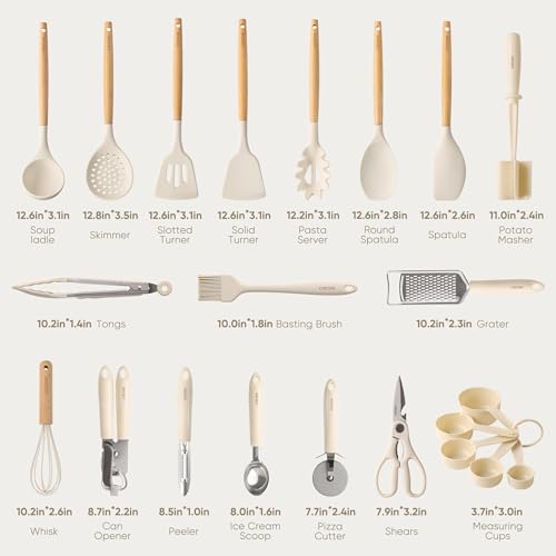 CAROTE 22-Piece Cooking Utensils Set with Wood Cool-Touch Handles, Cream - size: 22 PCS