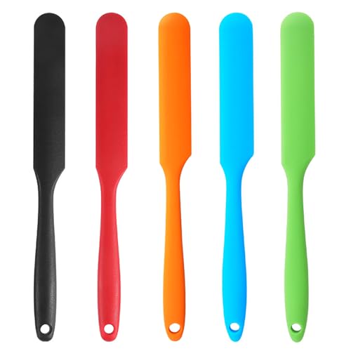 【5 Pack】Silicone Jar Spatula, Long Handle Jar Scraper Spurtle, Sourdough Spatula, Non-Stick Heat Resistant Cake Cream Spatulas Set, Small Spatulas for Kitchen Use - color: Black,Red,Orange,Blue,Green