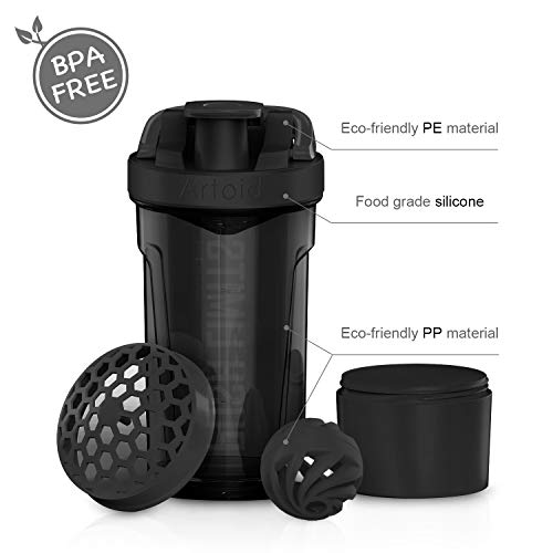 Artoid Mode Fitness Workout Sports Protein Shaker Bottle 24-Ounce, Dual Mixing Technology with Shaker Balls & Mixing Grids Included, Twist and Lock Protein Box Storage Included - color: Stone Gray/Black