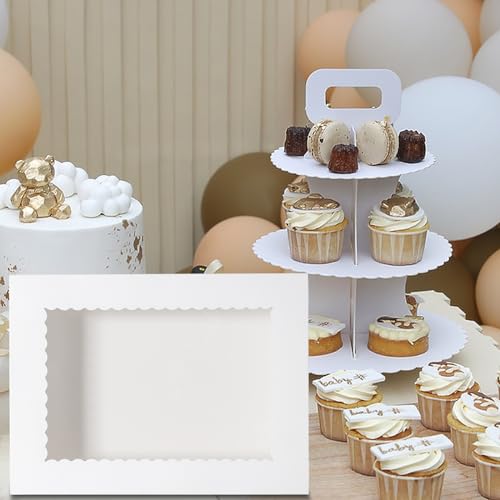 Mcfleet 10pcs 14x10x4 Cake Boxes with Window Rectangle Quarter Sheet Bakery Boxes for Pastry Baking Cake, Cupcakes, Donuts, Cookies, Pie Treat Packaging White Large