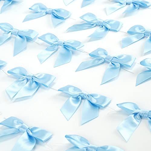 AIMUDI Light Blue Satin Ribbon Twist Tie Bows 3.5" Pre-Tied Baby Shower Bows Premade Baby Blue Bows for Crafts Treat Bags Cake Pop Gift Wrapping Wedding Favors Gender Reveal Birthday - 50 Counts - color: Blue Light