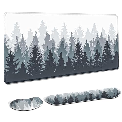 Large Mouse Pad with Wrist Rests for Keyboard & Mouse, Thick Soft Ergonomic Memory Foam Wrist Supports, Big & Long Desk Mat 35.5 x 15.7 in, for Office Gaming Computer, Misty Forest - color: Ink Painting Misty Forest