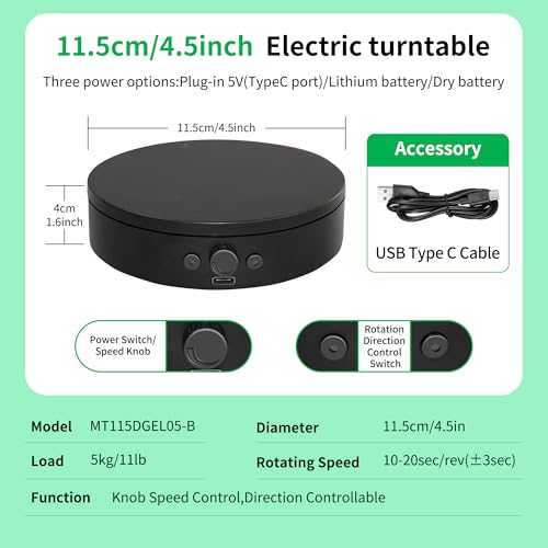 Rotating Display Stand,360° Silent Spinning Display Stand,Speed-adjustable Rotating Platform,Bidirectional Rotating Display Base,Multi-power Motorized Turntable For Showcase(4.53inch/Black) - size: 4.53inch/Black/11Lbs Load