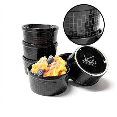 Yachi Black Ramekins 8oz 4.15 inch Set of 6, Oven Safe custard cups, Side Dishes, bouillon cups, salsa bowls, Baking Souffles Ceramic Ramekin - size: 8OZ,Black