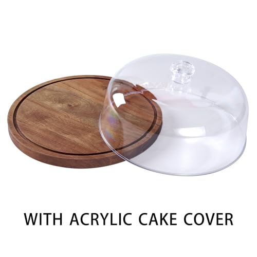 LiTY Cake Stand with Lid, Acacia Wood 12in Round Cake Holder, 2-in-1 Dessert Table Display Set & Charcuterie Board for Cheese, Chips & Dips, Nachos, Fruit Platter, Large Acrylic Cake Dome Cover
