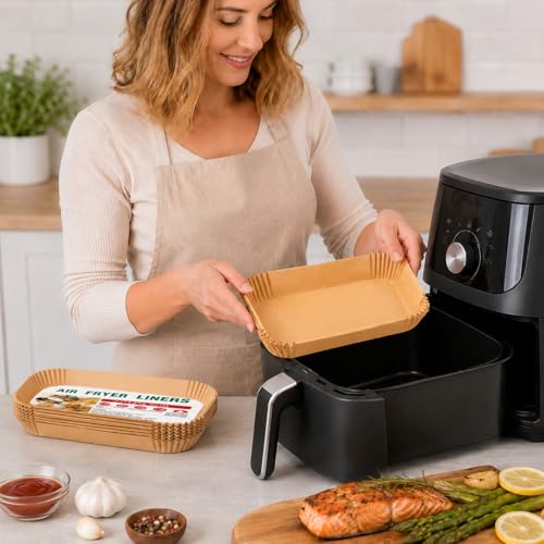 Air Fryer Liners 100 Count, Square Parchment Paper Liner 8.6"x5.5", Non Stick Bake Paper, Disposable Oil Proof Heat Resistant Easy Cleanup for Air Fryer Basket, Oven Microwave Baking, Brown Rectangle - color: 8.6" x 5.5" Brown