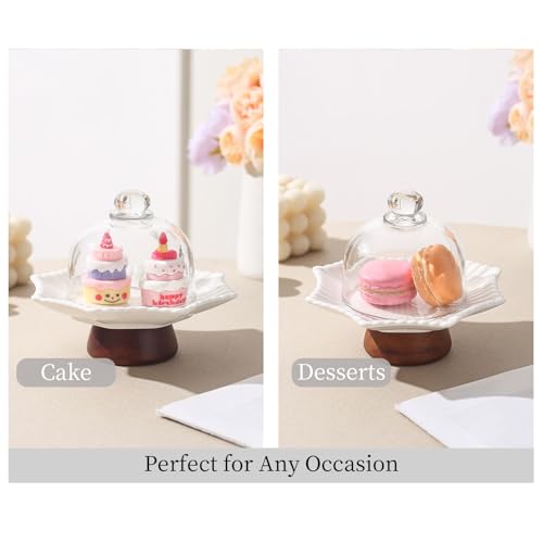 2 Pack 5.2 in Mini Ceramic Cake Stands with Glass Dome Covers, White Pedestal Dessert Display Plates with Acacia Wood Feet for Macarons, Cupcakes, Candy, Cheese and Tea Parties - color: Two 5.2-inch mini ceramic dessert cups