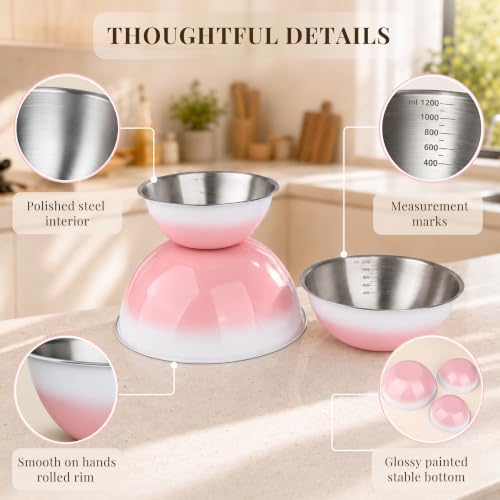 Pink Gradient Mixing Bowls with Measurements, 3-Piece Set - color: Pink Gradient