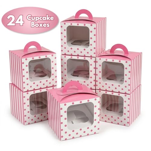 Pink Polka Dot Cupcake Boxes with Window and Handles, 24 Count