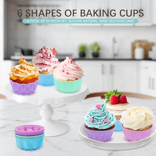 To encounter 24Pack Silicone Molds, Nonstick 3 inches Donut Mold, Silicone Baking Cups, Donut Pan, Muffin, Jello, Bagel Pan, Oven- Microwave- Dishwasher Safe - color: Blue/Green/Pink/Purple, size: 3" x 1.4"