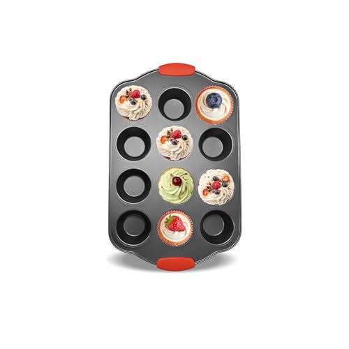 Mini Muffin Pan 12 Cup Muffin Pan with Silicone Grip Handles - color: Black, size: 12 Cup Muffin Pan