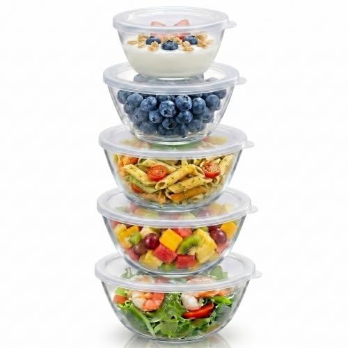Glass Mixing Bowls with Lids Set of 5(4.7QT, 2.9QT, 2.2QT, 1.1QT, 0.53QT), Thick Glass Large Salad Bowls, Space-Saving Nesting Bowls for Kitchen Baking, Prepping, Cooking, Dishwasher, Microwave Safe