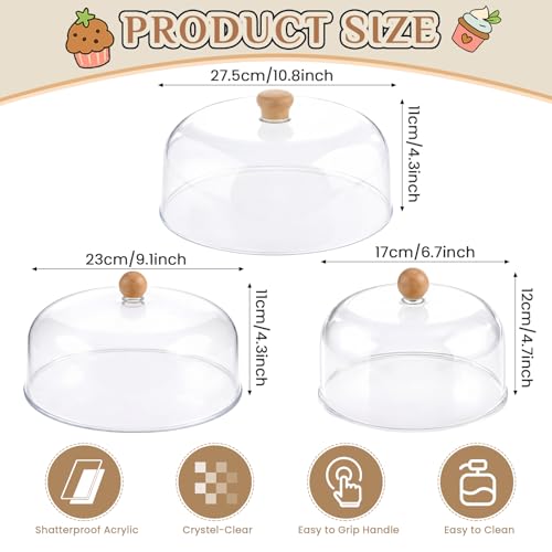 Novabright 3 Pcs Cake Dome, 7" 9" 11" Clear Acrylic Wood Handle Cover