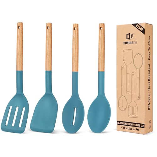 BUNDLEPRO Silicone Cooking Utensils Set, 4 Pcs Spatula and Spoon Set, Blue - color: Blue