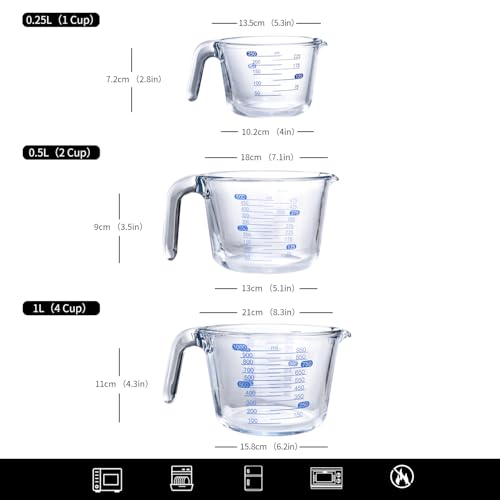 Clear Glass Measuring Jug 3 Pack Kitchen Measuring Cups with Scale - color: Transparent