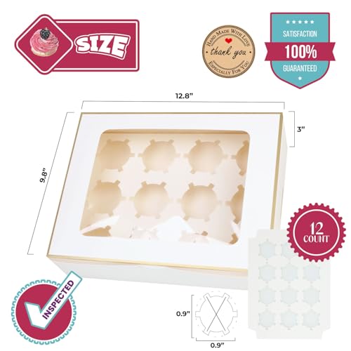 Poppy's (20 Pack) Gold-Trimmed Cupcake Boxes - 12 Count Cupcake Containers with Removable Inserts, Transparent Window Cupcake Holder - color: 20 Pack