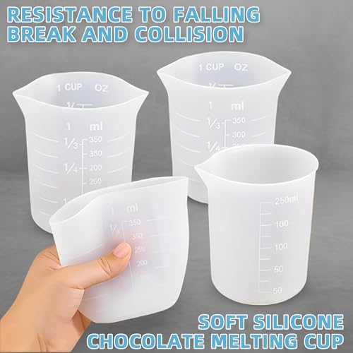 Silicone Cups for Melting Chocolate, 4Pack 100/250/350ml Capacity Silicone Measuring Cups with 2Pcs 5ml Droppers，Reusable Baking Supplies for DIY Chocolate Molds