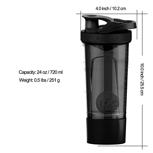 Artoid Mode Fitness Workout Sports Protein Shaker Bottle 24-Ounce, Dual Mixing Technology with Shaker Balls & Mixing Grids Included, Twist and Lock Protein Box Storage Included - color: Stone Gray/Black