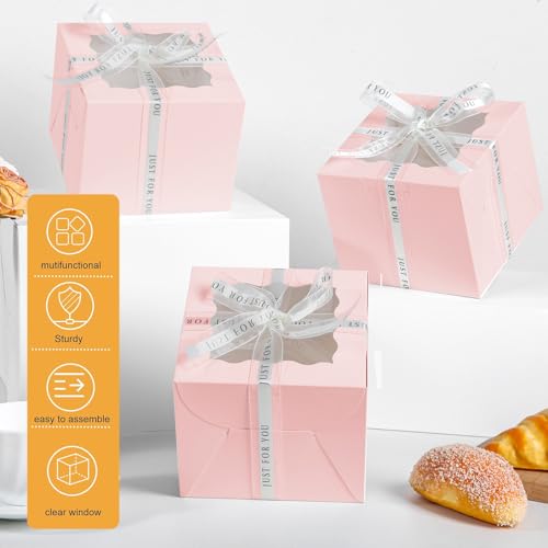 JCD 48PCS 6x6x5 Inches Cake Boxes,(24 Boxes &24 Boards) Pink Bakery Boxes with Window for Pastries,Cake Containers with Ribbon for Christmas Wedding Birthday Party (Pink/6 * 6 * 5inch/24pcs) - size: Pink 6*6*5inch/24sets
