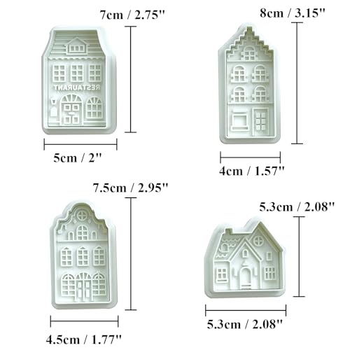Tiny Gingerbread House Cookie Cutters, Real Estate Cookie Cutters with Split Spring Pusher, House Biscuit Mold for DIY Chirstmas Day Holiday Party Decorations - Set of 4 - color: House Cookie Cutter