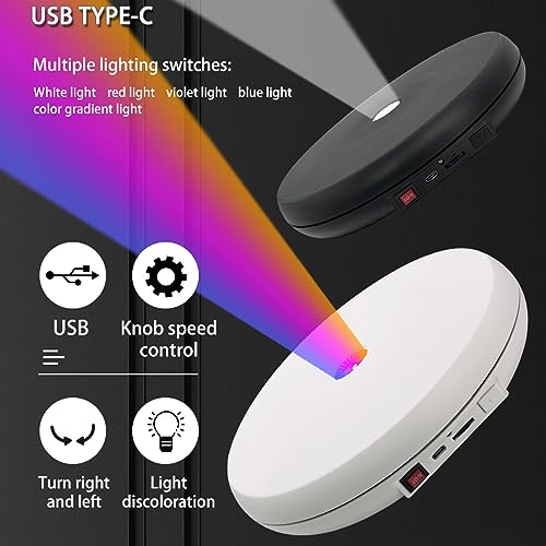 JAYEGT Multicolor LED Light Motorized Rotating Display Stand , 10 inch /55lbs Load, 360° Electronic Photography Turntable for Product Shows, Jewelry, Crystal Art (White / 5 Colors Light / Rechargeable) - color: White