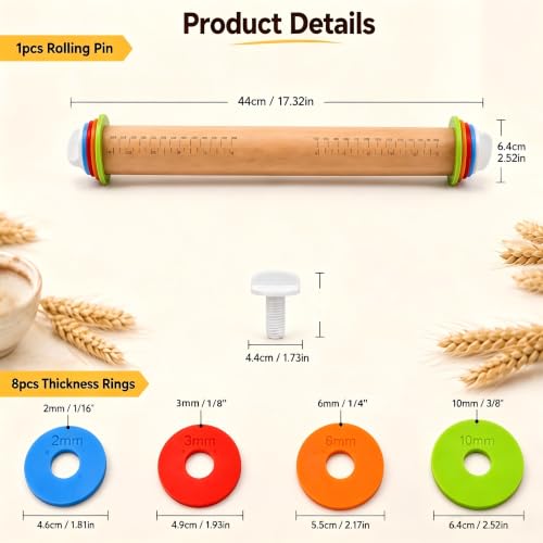 Wood Rolling Pin with Thickness Rings, 17"Adjustable Wooden Rolling Pins for Baking, Dough Roller Pins for Cookie Pastry Tools Cake Baker, Fondant Roller for Decorating Bakery Supplies Kitchen Gadgets - size: 17inch+Wood