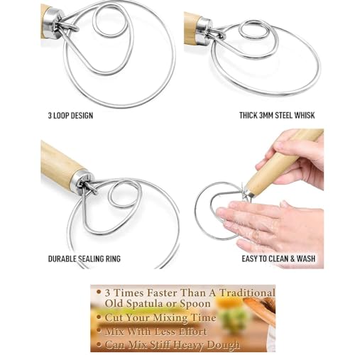 Danish Dough Whisk with Dough Scraper Dutch Bread Whisk Bread Mixer 10" Stainless Steel Dutch Bread Dough Whisk with Wooden Handle Dutch Whisk Baking Tools for Sourdough, Pizza, Pastry, Cake
