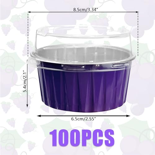 100Pcs Aluminum Cups with Lids,5oz Disposable Ramekin Baking Cups Muffin Liners Mini Pie Pans Foil Cupcake Containers for Christmas Party Wedding Party,Dark Purple - color: Dark Purple