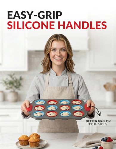 Boxiki Kitchen 12 Cup Mini Muffin Pan with Silicone Muffin Liners. Professional Cupcake Pan for Baking Muffin Mold, Mini Muffin Tin Non-Stick Steel Bakeware