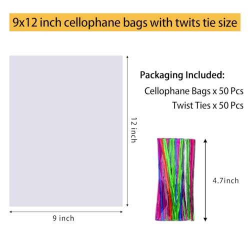 Nobranded 50 pcs Clear 9" x 12" Flat Cello Cellophane Bags Poly Treat Bags 2.8 mils for Gift Wrapping, Bakery, Cookie, Candies, Toast, Dessert, Party Favors Packaging with Color Twist Ties - size: 9x12 Inch (Pack of 50)