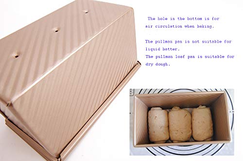 monfish Pullman Loaf Pan w Cover Bread Toast Mold corrugated loaf Pan w lid 1lb dough Alluminumed Steel Non Stick Gold (8.5X4.75X4.375INCH) - size: 8.35x4.8x4.5 inch