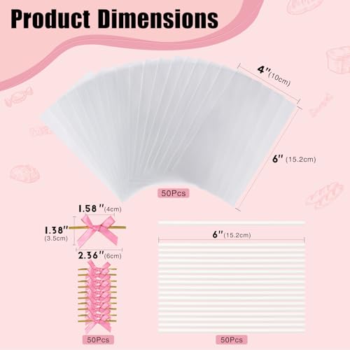 50pcs 4"x6"Clear Rice Krispie Treat Bags with Sticks and Ties Bows - color: Pink