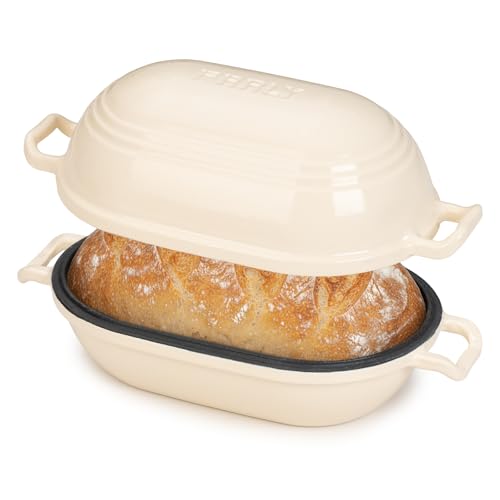 Enameled Cast Iron Dutch Oven for Sourdough Bread Baking,9 x 5-4/5 Inch Oval Cast Iron Bread Pan with Lid,Dutch Oven for Homemade Sourdough Baking,2.8QT Meatloaf Pan,Oven Safe - color: Beige