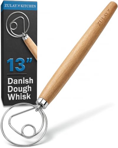 Zulay Kitchen 13-Inch Danish Dough Whisk - Stainless Steel Wooden Whisk with Dough Hook - Sourdough Whisk for Bread, Pizza, Pastry, Cake Batter & More - Wood - color: Rubberwood | Single