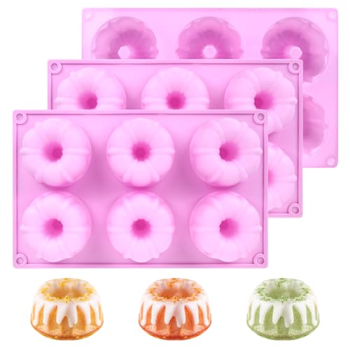 3 PCS Bundt Cake Pans for Baking, Non-stick Silicone Molds for Baking Jellies, Muffins, Donuts，Cookies, Cupcakes，6-Cavity Mini Cake Pans(Pumpkin,Purple)