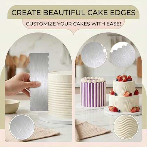 JJUNW 2 Pcs Stainless Steel Cake Scraper, Cake Scrapers Smoother Alisador De Pasteles, Double Sided Patterned Edge Stripe Smoother Scrapers For Butter Mousse Cream Decoration