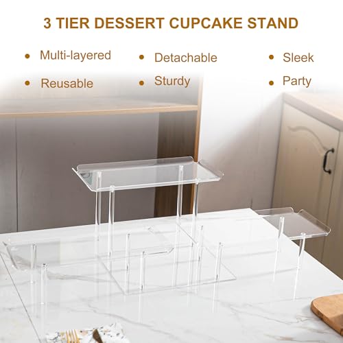 Acrylic Dessert Table Display Set, Clear Cupcake Stand, 3 Tiered Serving Trays and Platters, Buffet Riser and Stand Appetizer Sandwiches Cookie Display Stand Finger Food Display Trays for Party Bases Para Postres