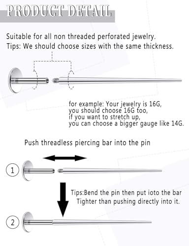 14G 16G Piercing Taper Insertion Pin for Internally Threaded Nose Septum Lip Belly Rings Labret Monroe Medusa Tragus Helix Cartilage Earrings Stud Piercing Jewelry Taper Insertion Tool 10Pcs - style: 14G Straight