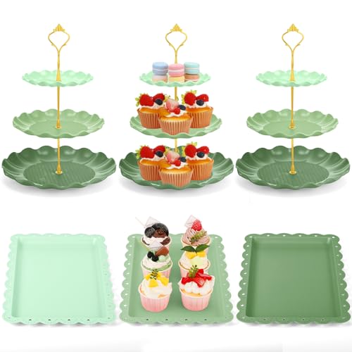 FoldTier 6 Pack Cupcake Stand Set 3 Pcs 3 Tier Gradient Dessert Table Display Stands Cookie Tray Rack 3 X14 in Rectangle Party Trays for Wedding Birthday Tea Party Baby Shower(Green,Round) - color: Green, style: Round
