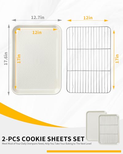 2-Pack 12x17 Half Sheet Pan Baking Sheet Set with Wire Rack - Nonstick 0.8mm Thick Carbon Steel, Cookie Sheets for Baking, Dishwasher Safe, Warp Resistant, Oven Safe 450°F, Salted Gray - size: 2x Large 12.7" x 17.6”