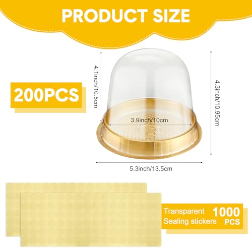 Mimorou Individual Cupcake Boxes Clear Plastic Cupcake Containers Disposable Single Holder with Lid Tall Cake Carrier 5.3 Inch Diameter 4.3 Inch Height with Stickers for Wedding(Gold,200 Pcs)