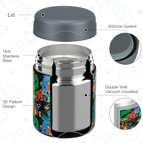wiwens 12oz Soup Thermo for Hot Food Kids Insulated Food Jar Wide Mouth Lunch Container Leak Proof Stainless Steel Vacuum Bento Box for School Office Travel Outdoors Black-Dinosaur - color: Black-Dinosaur