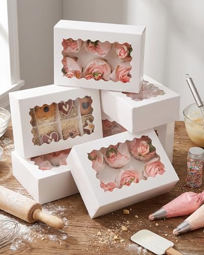 qiqee White 6 Cupcake Boxes with Window Auto-pop up 30 Packs Cupcake Box 9.4"x6.1"x3.3" Bakery Boxes For Cupcakes Carrier, Cupcake Containers - color: White, size: 6 Holder/30 Packs
