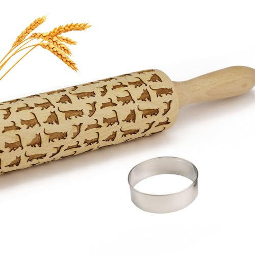 Embossed Rolling Pin for Baking Cookies Embossing Rolling Pins with Design Wooden Engraved Springerle Roller Pin Dough Animal Patterned Clay Pottery Ceramic Stamp Mold Gifts Bakers Women (Cat) - color: Kitty Cat