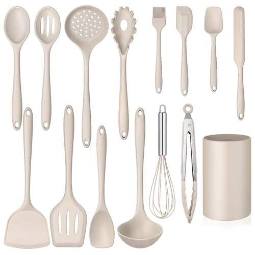 Homikit 15-Piece Kitchen Cooking Utensil Set, Silicone Utensils with Holder - color: Khaki