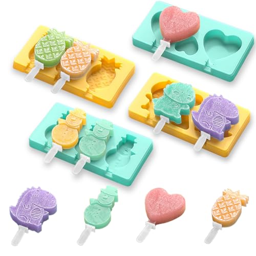 Kids Cartoon Popsicle Molds - 4 Pack, 10-Cavity Food-Grade Silicone Ice Pop Cream Molds, with Reusable Sticks, Non-Stick Flat Design, Easy Release, Stackable for Space Saving - color: Dinosaur + Love + Snowman + Pineapple
