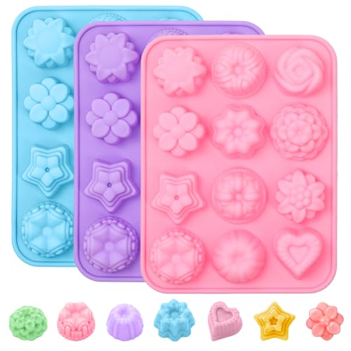SJ Flower Silicone Mold Set, 3-Pack 12-Cavity Soap & Craft Molds - color: Pink+Purple+Blue / Flower Shape