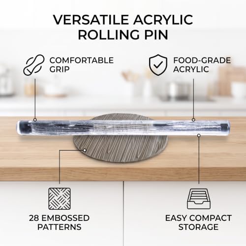 Patterned Acrylic Rolling Pin, Clear Lightweight Embossing Roller for Baking Fondant Compliant Food Safe Comfortable Grip 28 Patterns 6.3 x 0.4 In 1 Pc - size: 52006 wood grain