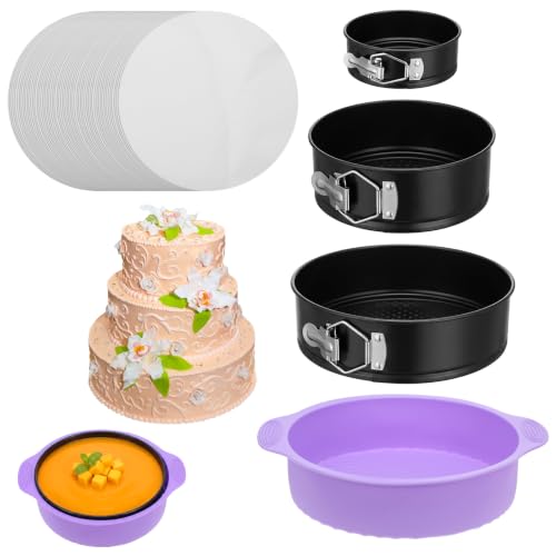 3 Pcs Springform Pan Set, 5 7 9 Inch Nonstick Spring Form Pan, Leakproof Cheesecake Pan with Silicone Protector & 50Pcs Parchment Paper, Removable Bottom Cake Baking Pans for Home Restaurant Bakery