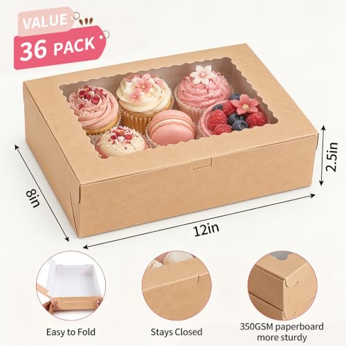36pcs Auto-popUp Brown Cookie Boxes with Window,12x8x2.5 Inch Bakery Boxes|Sturdy Large Treat Box For Pies Chocolate Strawberries Donuts Pastry Dessert |350gsm Food-grade Thickness Cardboard - color: Brown/36pcs